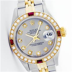 Rolex Ladies Two Tone 14K Gold/SS, Diam Dial & Diam/Ruby Bezel, Saph Crystal - REF-363X3A