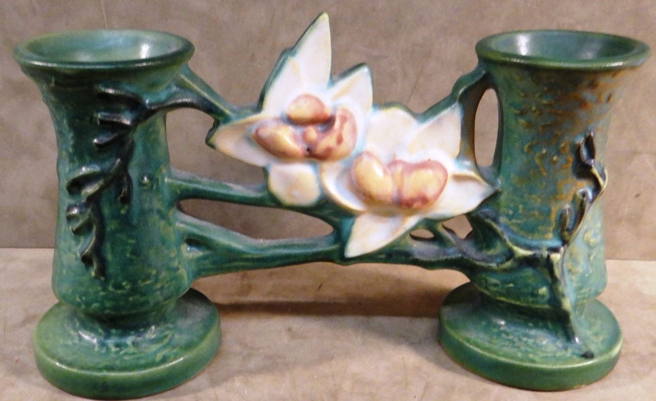 Roseville Magnolia green double bud vase, 1864 1/2", 1940's, mint