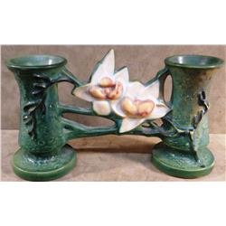 Roseville Magnolia green double bud vase, #186-4 1/2", 1940's, mint