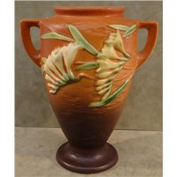 Roseville Freesia brown vase, #121-8", 1945, 3 small chips on base,