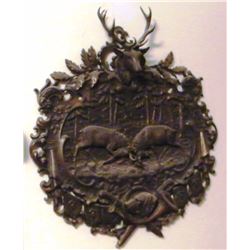 Vintage cast iron wall hanging of fighting elk, 23" x 29", rare
