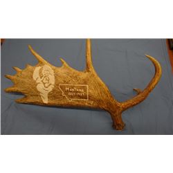 Carved moose antler, buffalo head and MT logo, B. K. Pettit