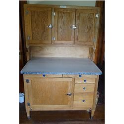 Hoosier kitchen cupboard, enamel bake top, restored, 64" h x 43" w x 28