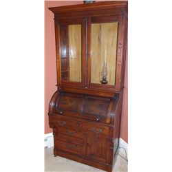 Walnut cylinder desk & bookcase, spoon-carved, orig hrdwr, 37W x 85H x 22D