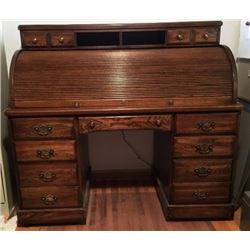 Oak C-curve roll top desk, 55" w x 51"h x 28" deep