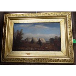 Vintage oil painting on canvas, Cavalry Camp with Indians, 13" x 21", framed
