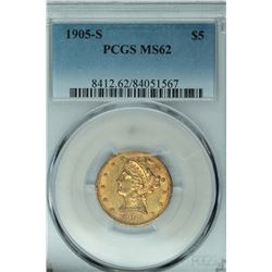 Gold 1905 S $5 Coronet PCGS MS62
