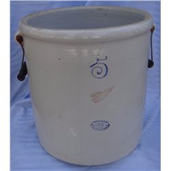 Red Wing 5 gal crock, 2" wing, wire hdndles, 2 chips