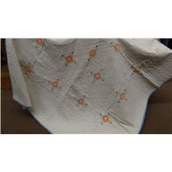 Fancy quilt, white / peach, hand quilted &  hand embroidered, 72" x 96"