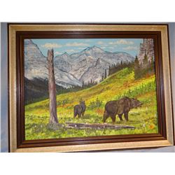 Bull Plume, Dan, orig. oil painting, 18" x 24", framed, 2 Grizzlies