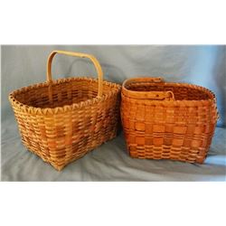 2 woven wood baskets, carved handles