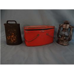 Tin lunch pail and Feuer No. 75 lantern,  6 1/2" and cowbell
