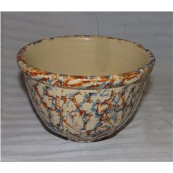 Spongeware bowl, blue/brown, 9"; Columbia salt glaze bowl, mint