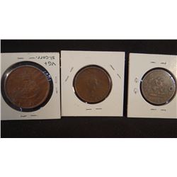 3 Canadian coins, 1854 1 cent, 1852 half cent, 1852 half cent token