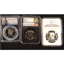 3 Kennedy halves, 1992 S, PR69; 2014 NGC SP 67; 1971 S, NGC PF70