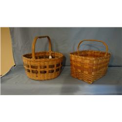 2 woven wood baskets, carved handles