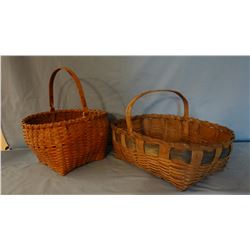 2 woven wood baskets, carved handles