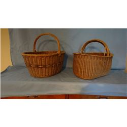 2 woven wood baskets, carved handles, ratan