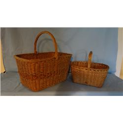 2 woven wood baskets, carved handles