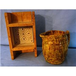Spongeware pitcher, unmarked and Wooden butter mold