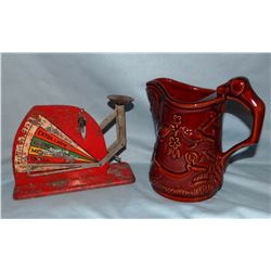 Egg scale and Kingwood ceramic pitcher, 7"