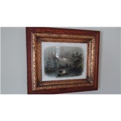 Lake cabin vintage painting by Chanaller, 15"h x 20" w, gilded frame