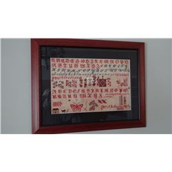 1886 needlepoint alphabet sampler, framed, 13" x 20",  Wilhemina Kiler