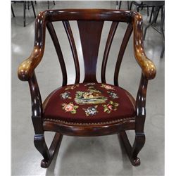 Fancy mahogany bent wood rocker, needle point seat. Very nice.