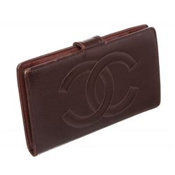 Chanel Burgundy Caviar CC Logo Leather Long Wallet