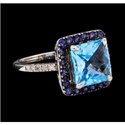 4.05 ctw Blue Topaz, Sapphire, and Diamond Ring - 14KT White Gold