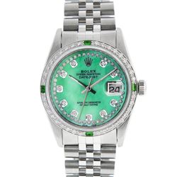 Rolex Mens SS Green MOP String Diamond & Emerald Datejust Wristwatch