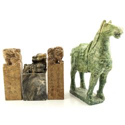 4 Asian Stone Carvings including 3 Foo Dogs