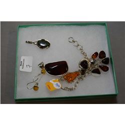 Selection of brand new sterling silver and gemstone jewellery including red cherry amber pendant, ri
