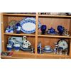 Image 1 : Two shelf lot of collectibles including several pieces of Flow blue, Imari candlesticks, Staffordshi