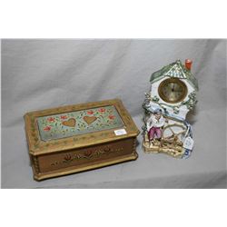 Vintage glazed porcelain mantle clock, working at time of cataloguing and a handpainted musical jewe