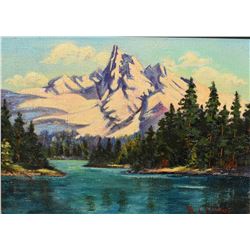 Framed oil on board painting of mountainous river scene, signed R. Gissing and marked on verso "Kick