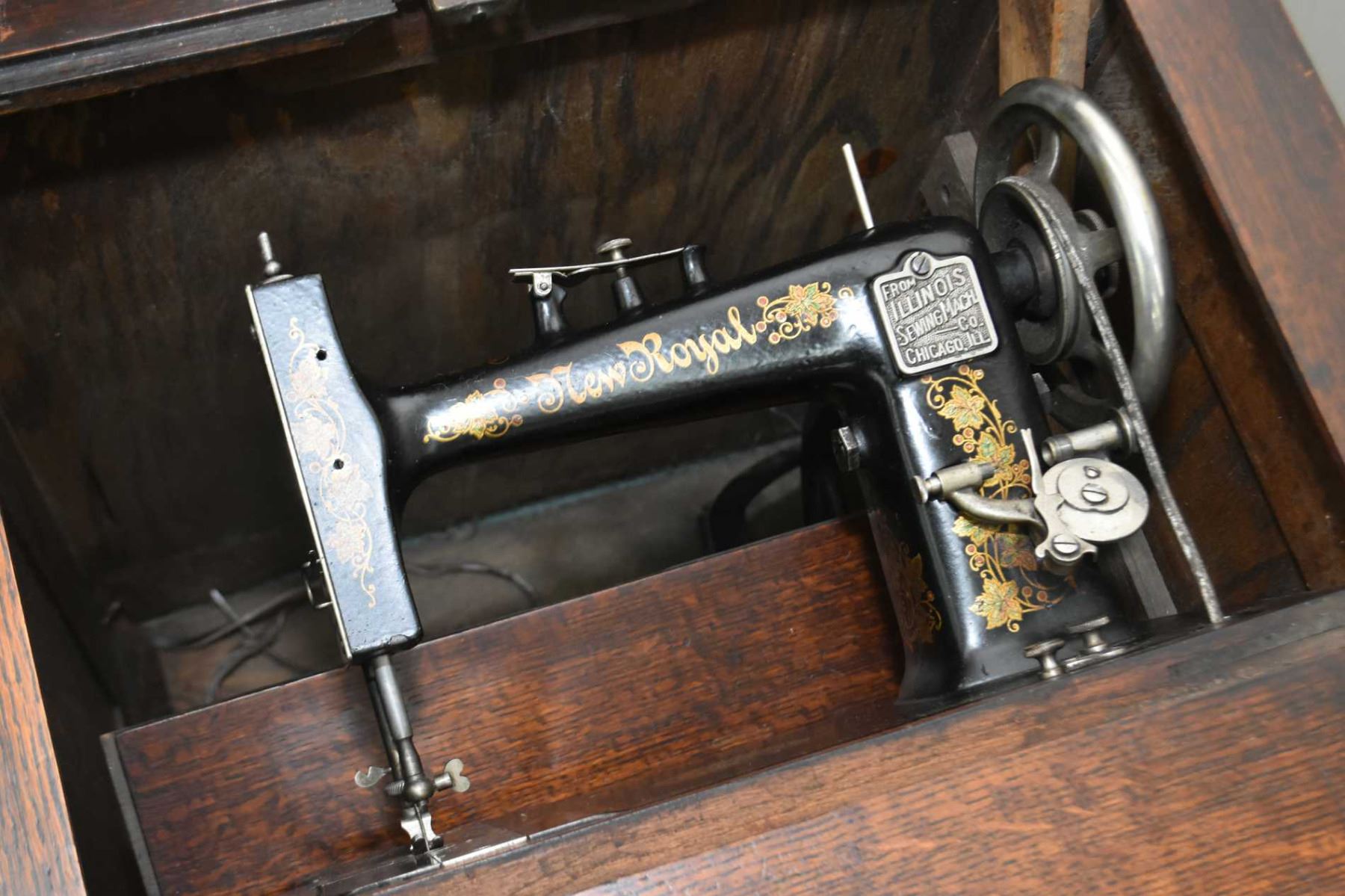 New Royal antique treadle sewing machine in fully enclosed quarter cut