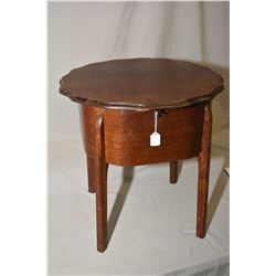 Vintage oak flip top sewing box/table with lined interior and original paper label stating Morso Pro