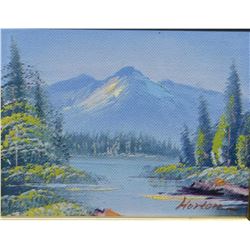 Four vintage framed original artworks including two small mountain scenes signed Horton, a pastel wa