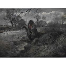 Gilt framed oil on canvas painting of a autumn creek scene signed by artist A. Scott, 14" X 18"