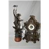 Image 1 : Spelter statue on a wooden plinth and a cast figural clock, not working at time of cataloguing