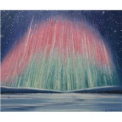 Framed oil on canvas painting of the aurora borealis signed by artist R.P. Neubert, 12" X 14"