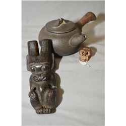 Selection of Oriental collectibles including two Centeral Asian "Red Hill" culture stone figures, pu