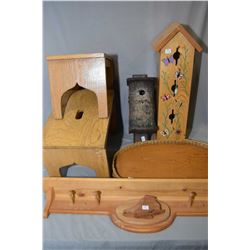 Selection of country collectibles including two pine stools, a coat rack, two bird houses and a wood