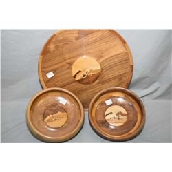 Mid century marquetry inlaid charger and two nut bowls, four hand hammered enamelled copper appertif