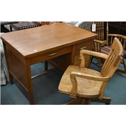 Vintage single pedestal oak desk marked inside "Standard Desk" and a oak open arm swivel office chai