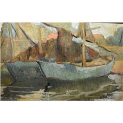 Framed oil on board painting of boats at shore signed R. Pilot and marked on verso "Fishing boats at