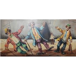 Large framed acrylic on canvas painting "Clowns" and signed by artist Fiorelli, 24" X 48"