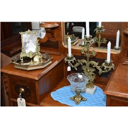 Selection of vintage brass including three branch candelabra, brass and crystal compote, a small bel