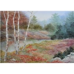 Framed original watercolour painting of a riverbank in autumn, signed by artist Owen Wexler, 17" X 2